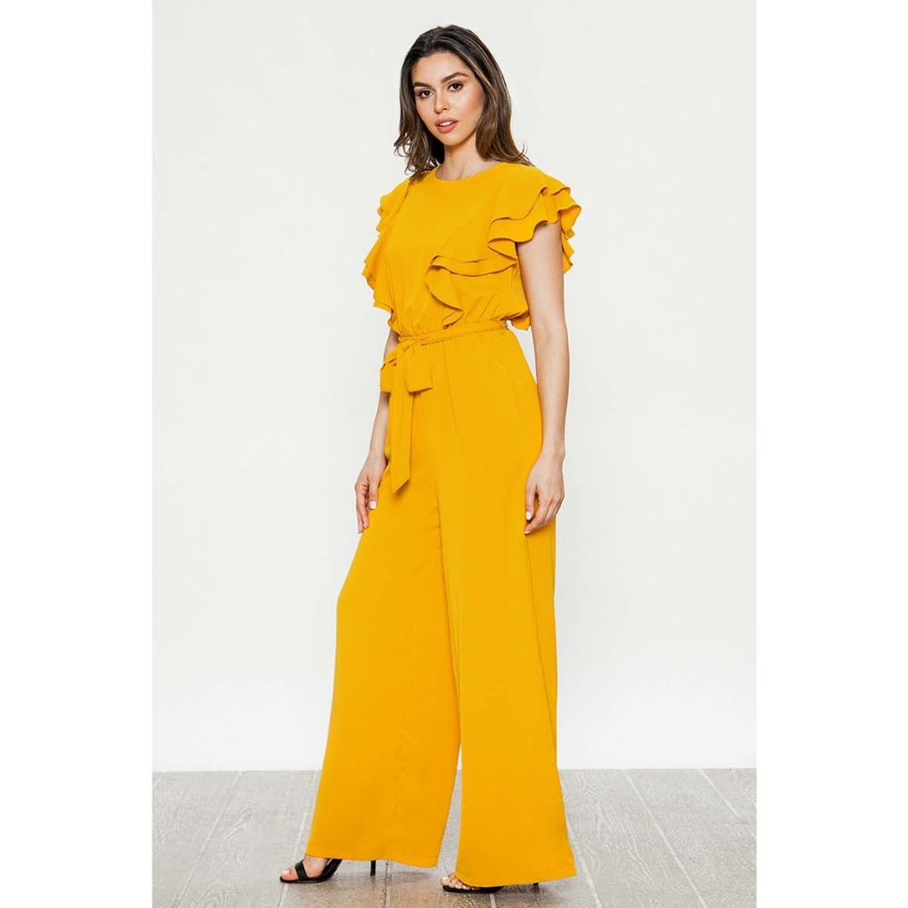 Mustard Ruffle Spring Jumpsuit - Picture 2 of 3